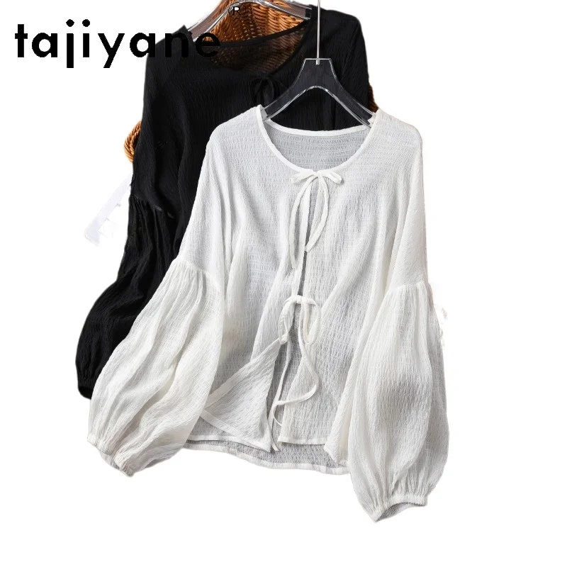 

TAJIYANE 100% Natural Mulberry Silk Cardigan Women Elegant Tie Front Shirts Lantern Sleeve Summer Tops 2026 Woman Clothes одежда