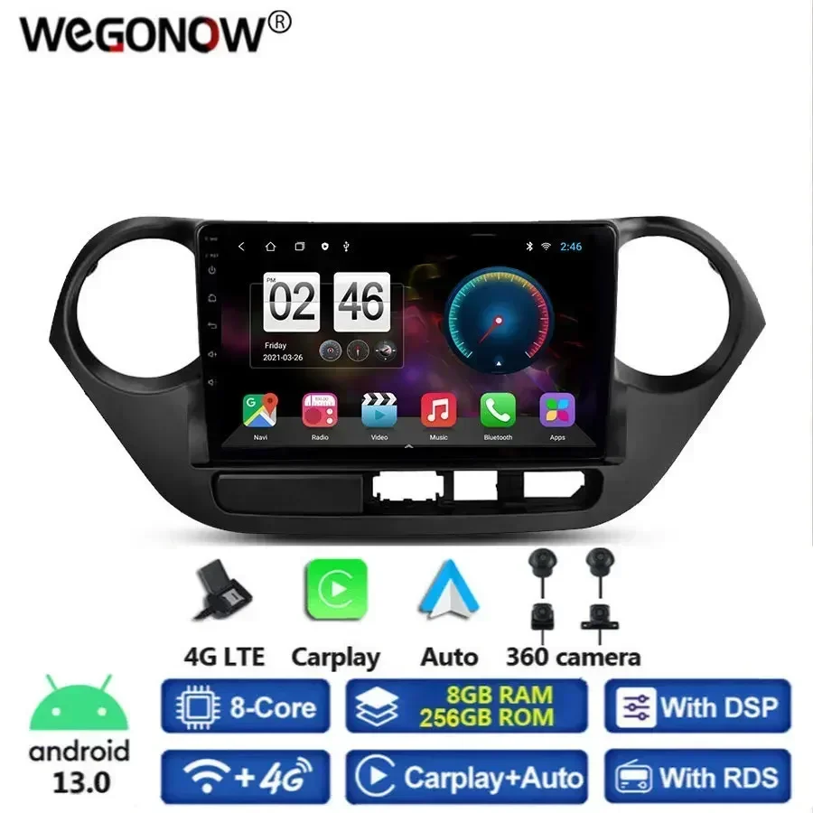 360 Panoramic Camera 8G+256G Android 13.0 Car DVD Player GPS WIFI Bluetooth RDS Radio For Hyundai Grand I10 2013 2014 2015 2016