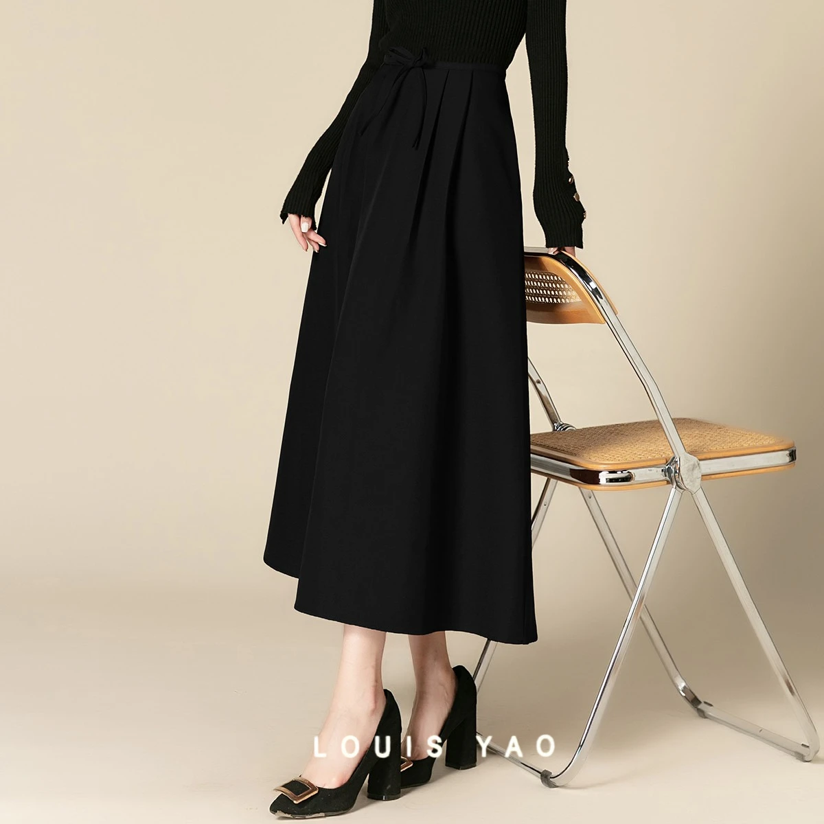 

LOUIS YAO New Retro Ofice Lady A-line Skirt 2025 Autumn/Winter Minimalist Luxury Pleated Bow-adorned Women's Skirt