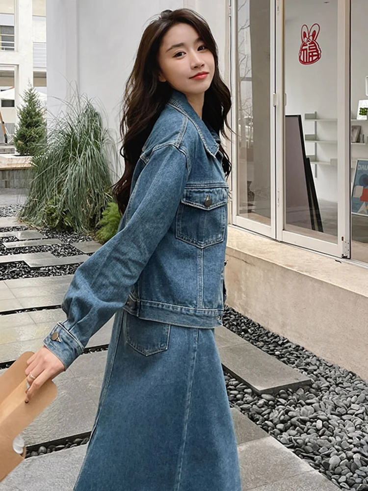 LANMREM Fashion Vintage Denim Two-piece Set Women\'s Lapel Single Breatsed Coat With Casual Skirt 2024 Female Autumn New 2Z2503