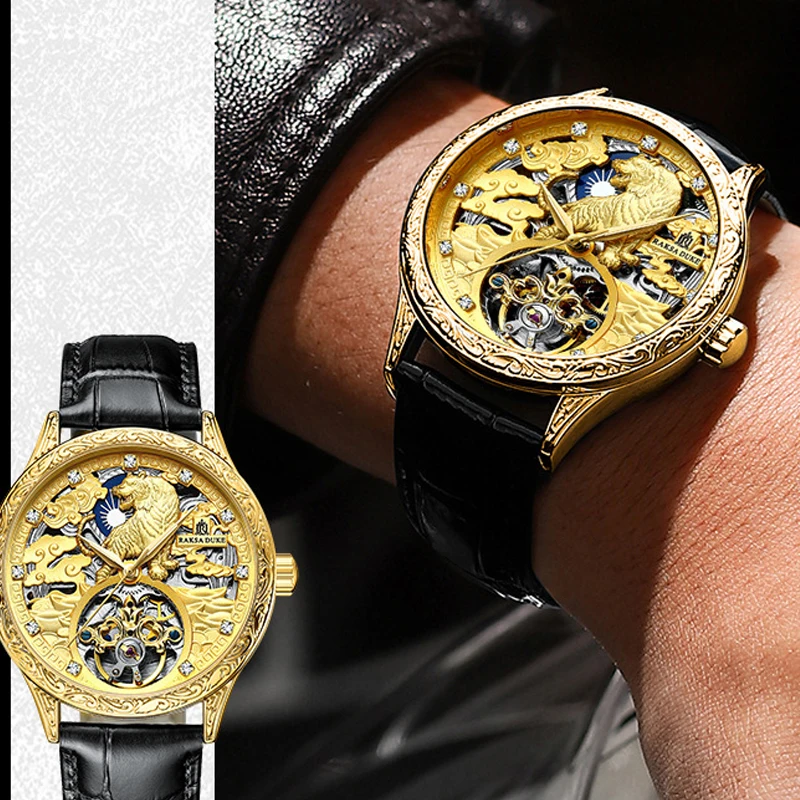 Orologio meccanico da uomo con quadrante tigre inciso 3D retrò Tourbillon scheletro orologio automatico da uomo Bling Diamond Gold Relogio Masculino