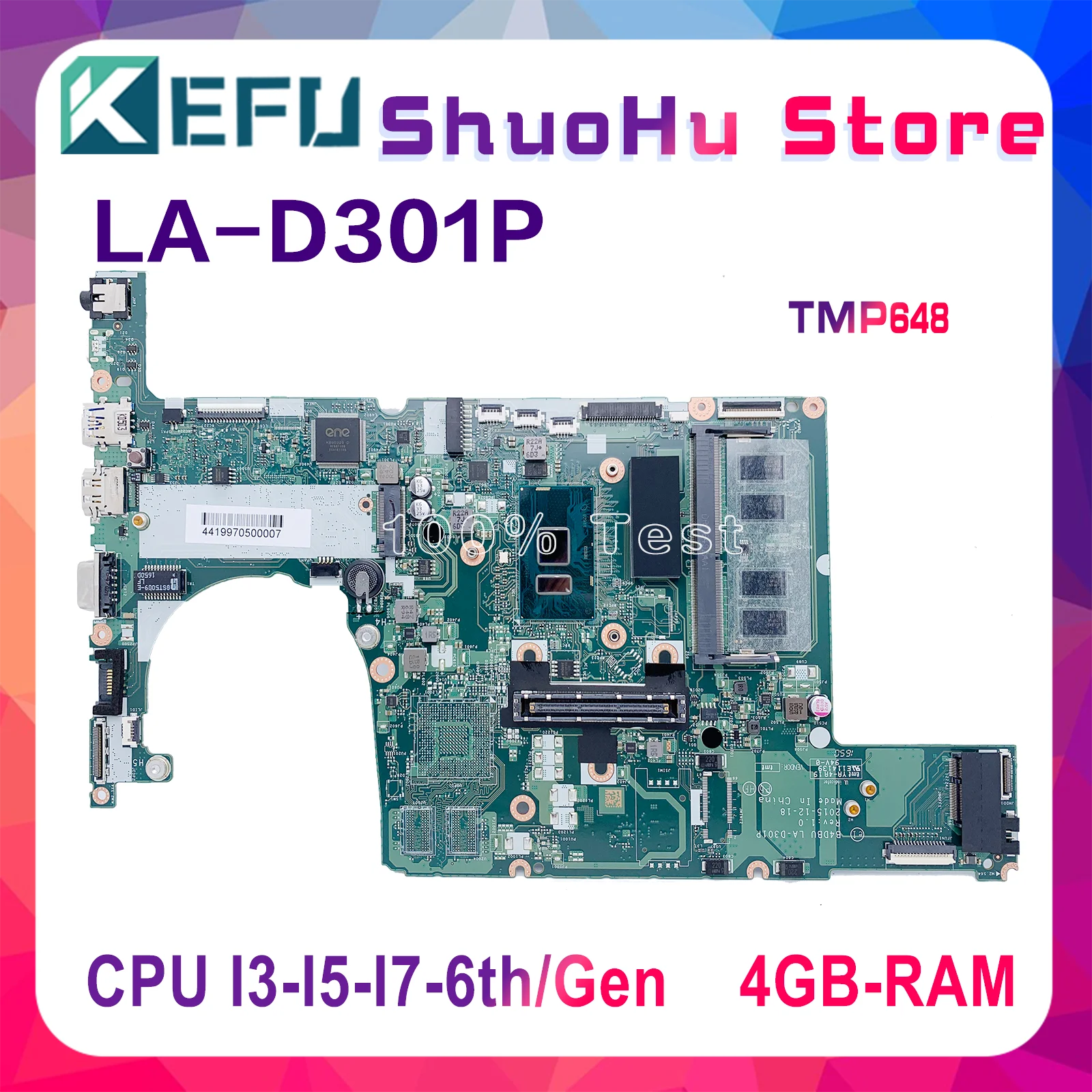 

KEFU LA-D301P Laptop Motherboard For Acer Travelmate TMP648-M TMP648 P648 N15C5 Mainboard I3-6100U I5-6200U I7-6500U 4GB GT940M