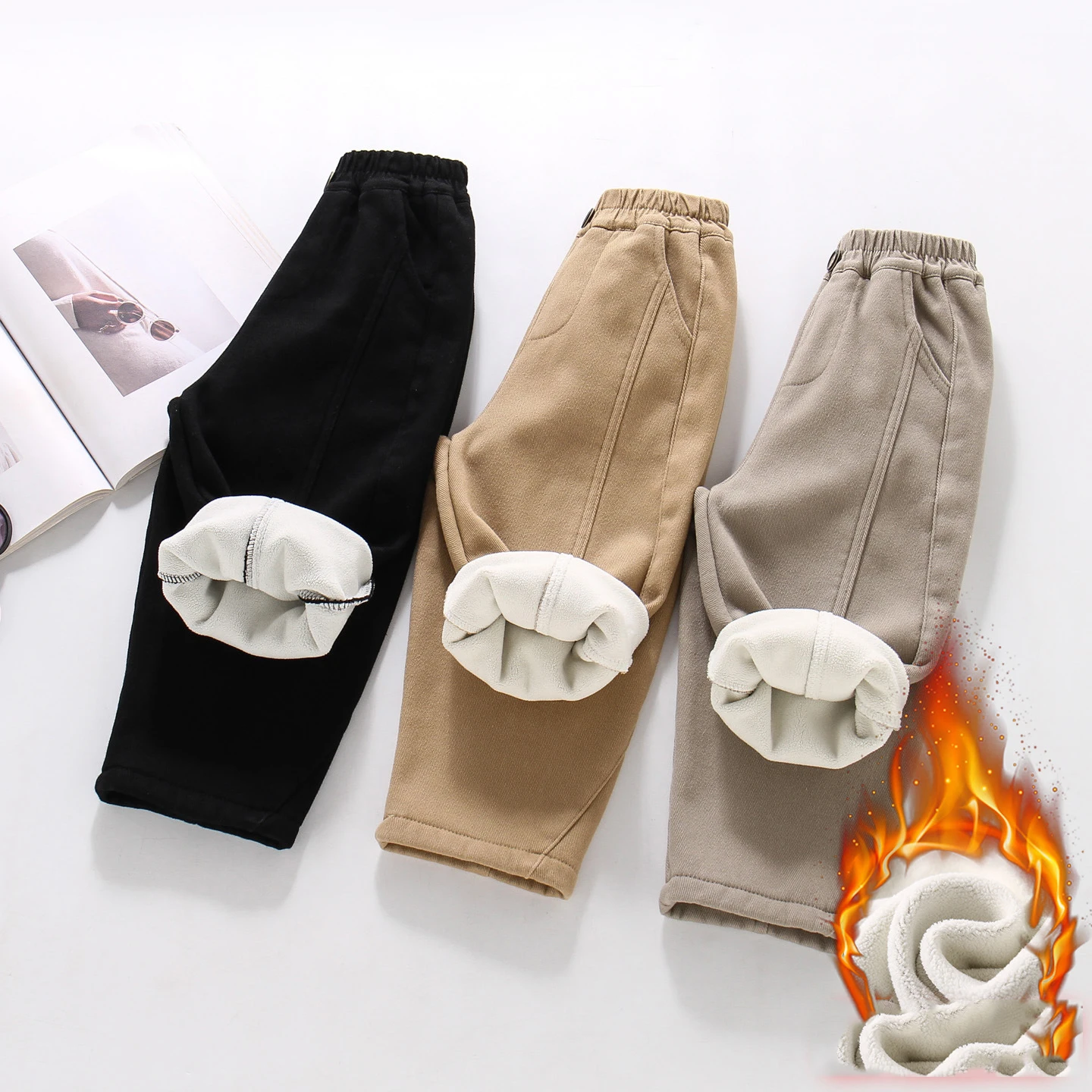 

Детские штаны для мальчиков, новые зимние однотонные утепленные детские хлопковые брюки для маленьких мальчиков, повседневные флисовые штаны с эластичной резинкой на талии для маленьких мальчиков