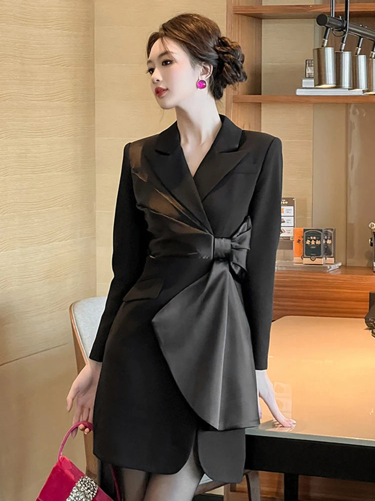Women's Elegant Professional Formal Dress Celebrity Black Big Bow Hollow Cut Out Slit Short Gown Party Business Vestidos Mujer