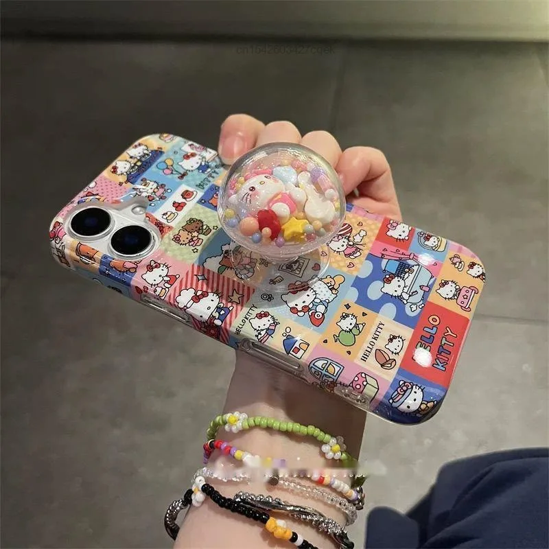 

Чехол для телефона Hello Kitty с милым мультяшным принтом, подходит для 16, 15, 14, 13, Pro max, новый стиль, держатель с хрустальным шаром, дизайн, защитный чехол
