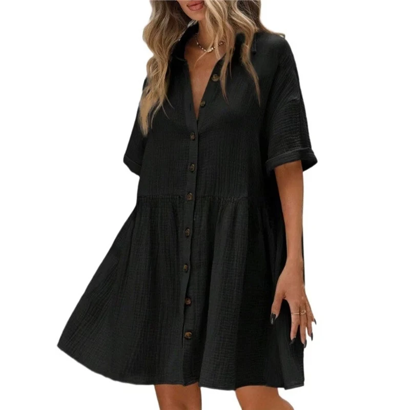 Women's Dress Shirt Dress Short Sleeve Mini Short Button Down Open Front Casual Fashion Elegant Party