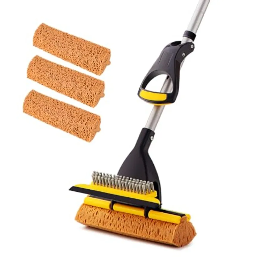 

Sponge Mop Home Commercial Use Tile Floor Bathroom Garage Cleaning Total 3 Sponge Heads Squeegee and Extendable Telescopic Long