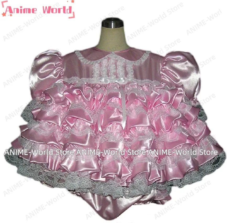 

《Custom size》Girly Lockable Pink Satin Fluffy Cake Dress Lace Ruffle Adult Sexy Maid Dress Customized Glamour Halloween Costume