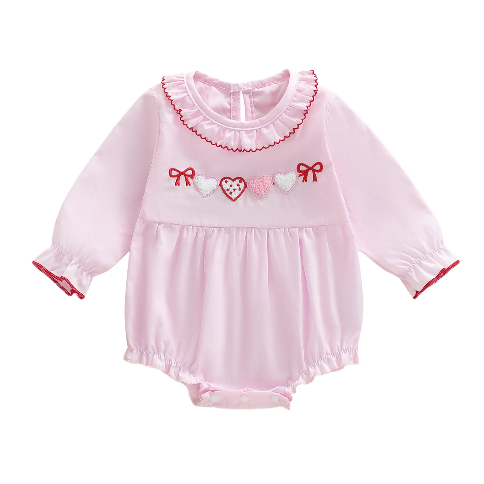 رومبير على شكل قلب للفتيات الصغيرات في عيد الحب بأكمام طويلة وياقة الدمية وتطريز على شكل فيونكة على شكل قلب - ملابس ربيعية رائعة