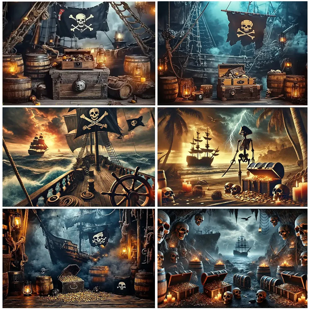 

Pirate Ship Theme Backdrop Treasure Map Adventure Wall Hanging Retro Skeleton Children Birthday Party Decoration Events Supplies