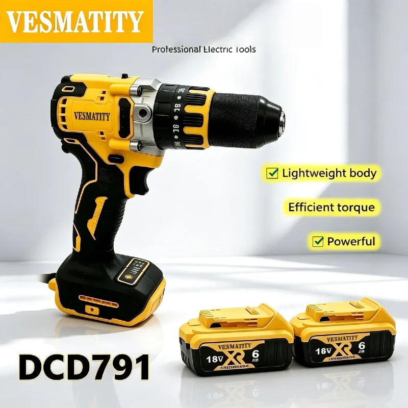 Vesmatity DCD791 13mm Brushless Cordless Impact Drill Screwdriver Multifunctional Rechargeable 20V Tool for Battery Max Unit