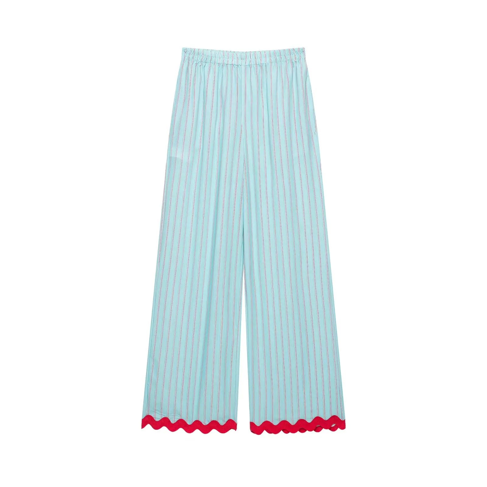 NINE ZAR Women's Casual Striped Wide Leg Pants Elastic Waist Wave Lace Hem Versatile Comfortable Fit European Style Winter Co...
