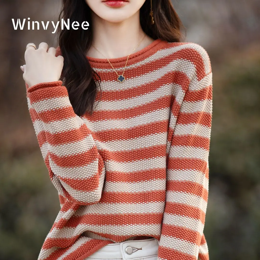 

WinvyNee хлопковый пуловер с длинными рукавами и круглым вырезом в полоску, повседневная теплая верхняя одежда, трикотаж, топ, осенне-зимняя женская одежда A1572009