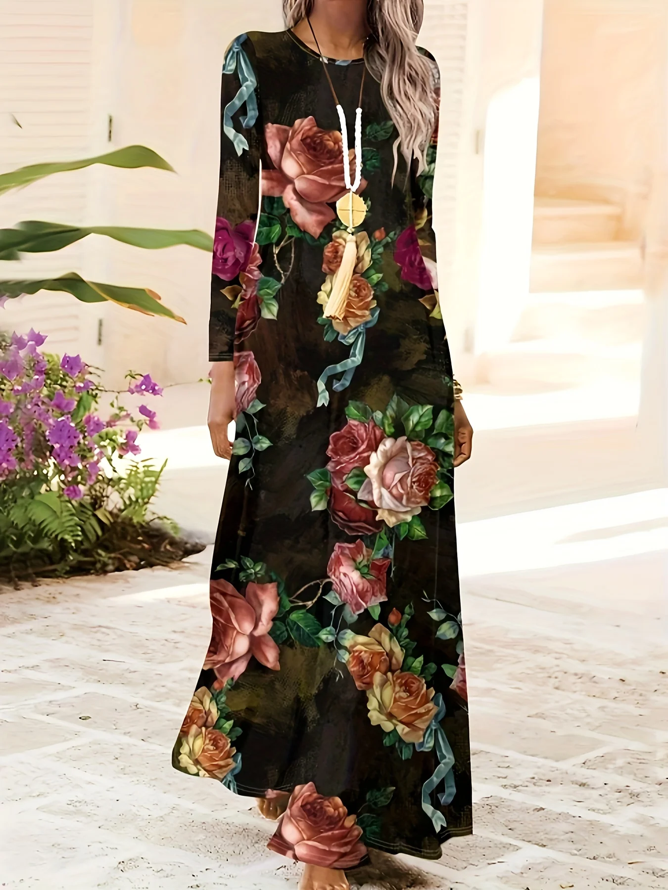 

Printed Design casual style Floral Rose Pattern Print Dress women's dress