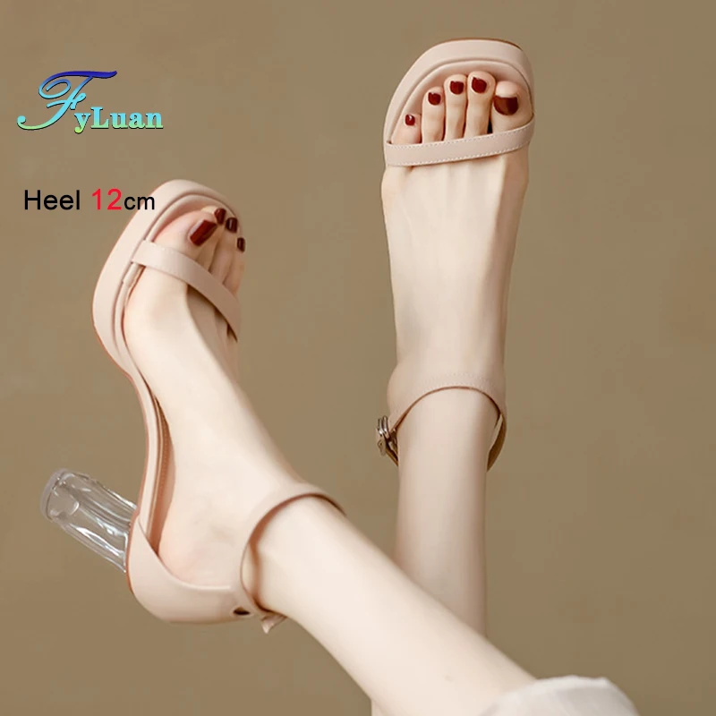 

2025 Light Luxury 12cm Super High Heels Women's Sandals One Word Buckle Crystal Heel Sandals Ladies Versatile Thick Heel Shoes