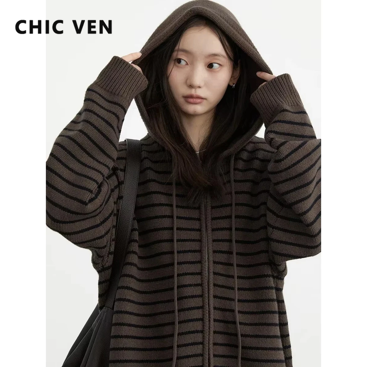 CHIC VEN Women Cardigan Long Sleeves Loose New Drawstring Hooded Striped Sweater Female Loose Knit Jumpers Autumn Spring 2024