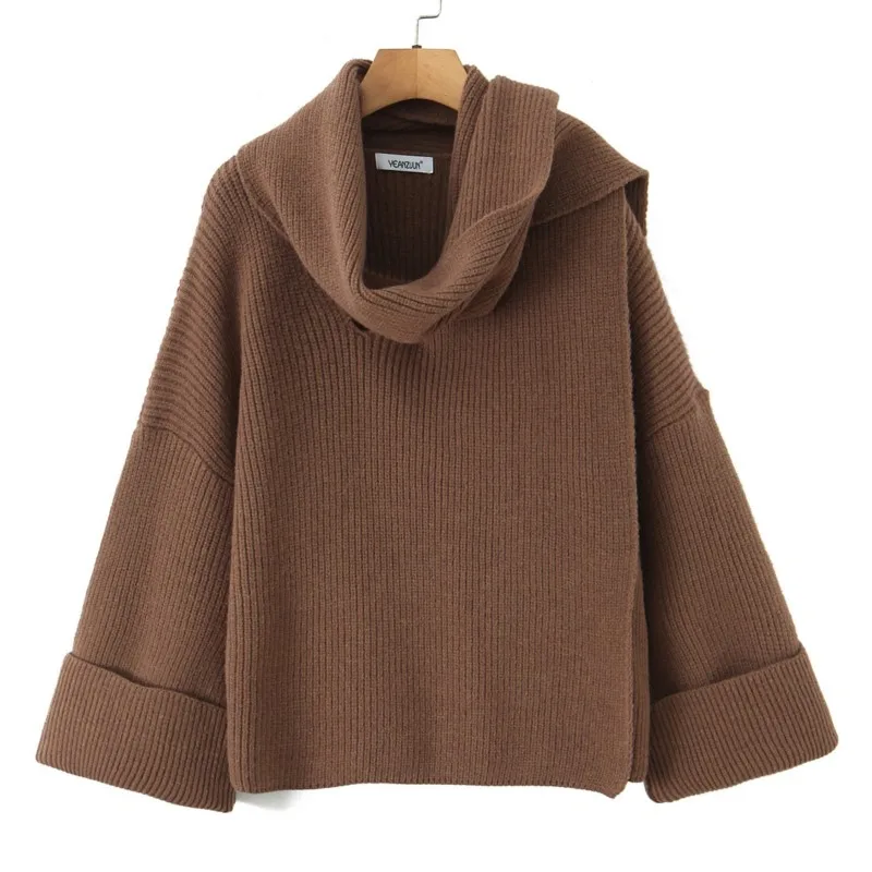 

Зимний женский свободный вязаный свитер в стиле ретро 2024, однотонный верхний шарф с деталями, мягкий удобный дизайн, повседневный теплый пуловер