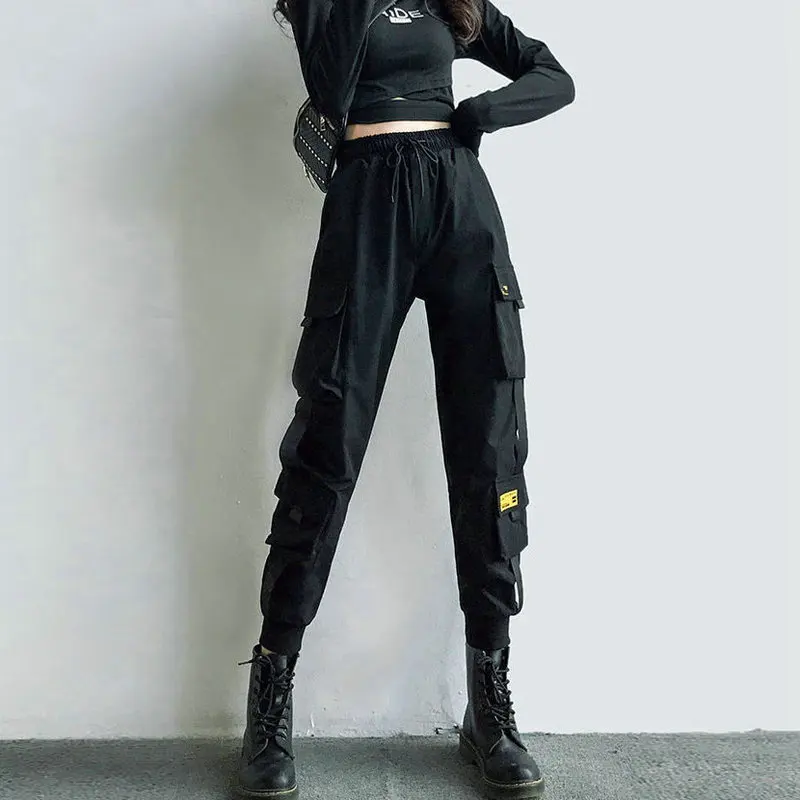 Women\'s Cargo Pants Black Ribbon Pocket Jogger Elastic Waist High Streetwear Harajuku Pant Punk Females Trousers Harem Pants