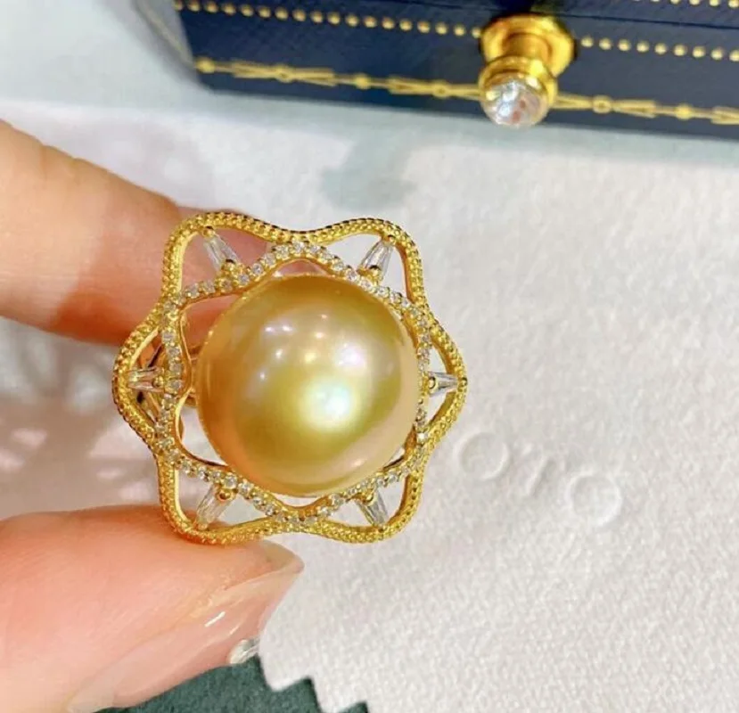 A large quantity of AAAAA 12-13mm genuine natural South China Sea gold pearl ring 925S