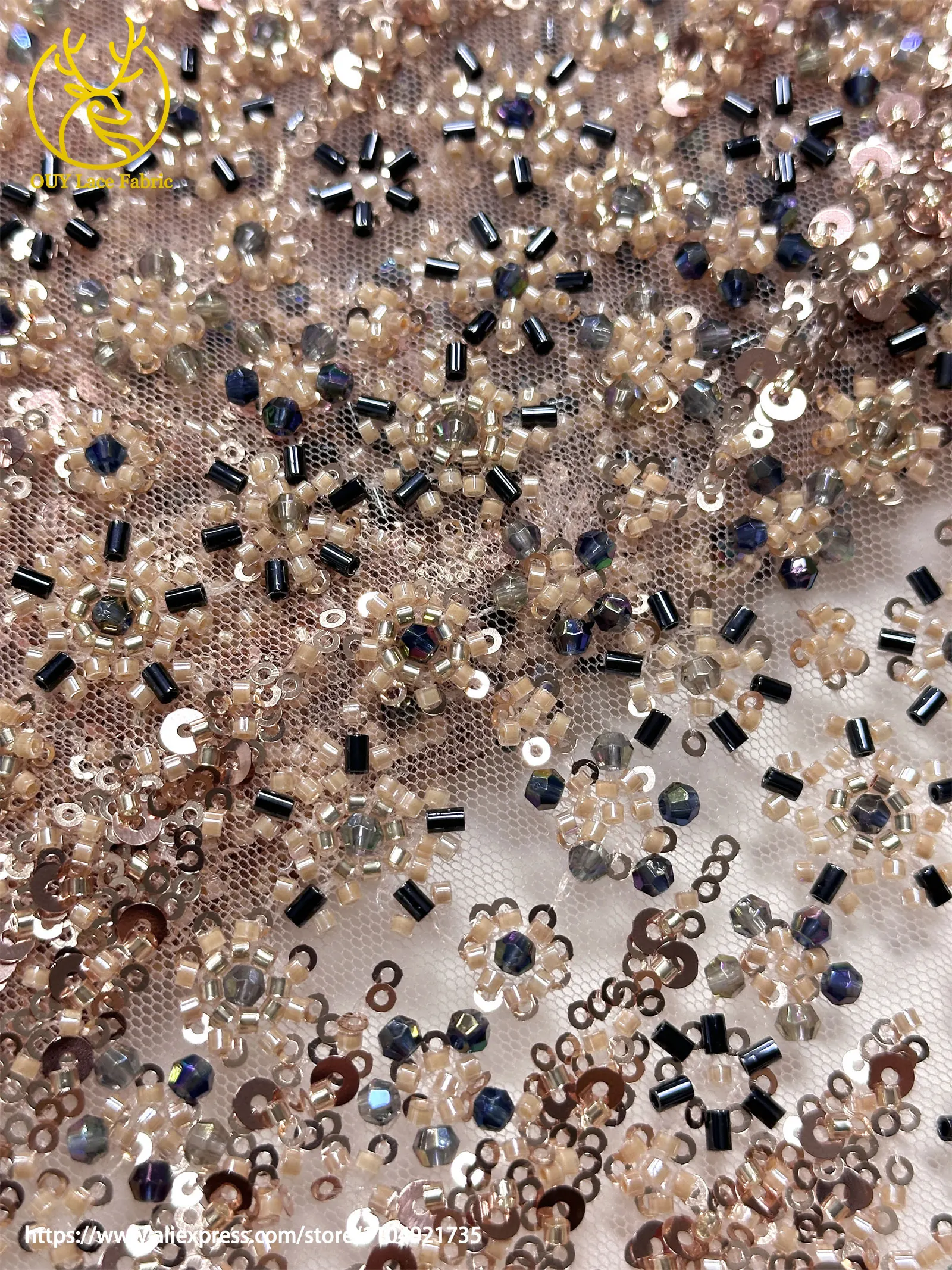 Luxuriöser Afrikanischer Schwer Perlenverzierter Spitzenstoff 2026 Hochwertige Luxuriöse Französische Pailletten-Stickerei-Spitze für Brautkleider – Detail 13