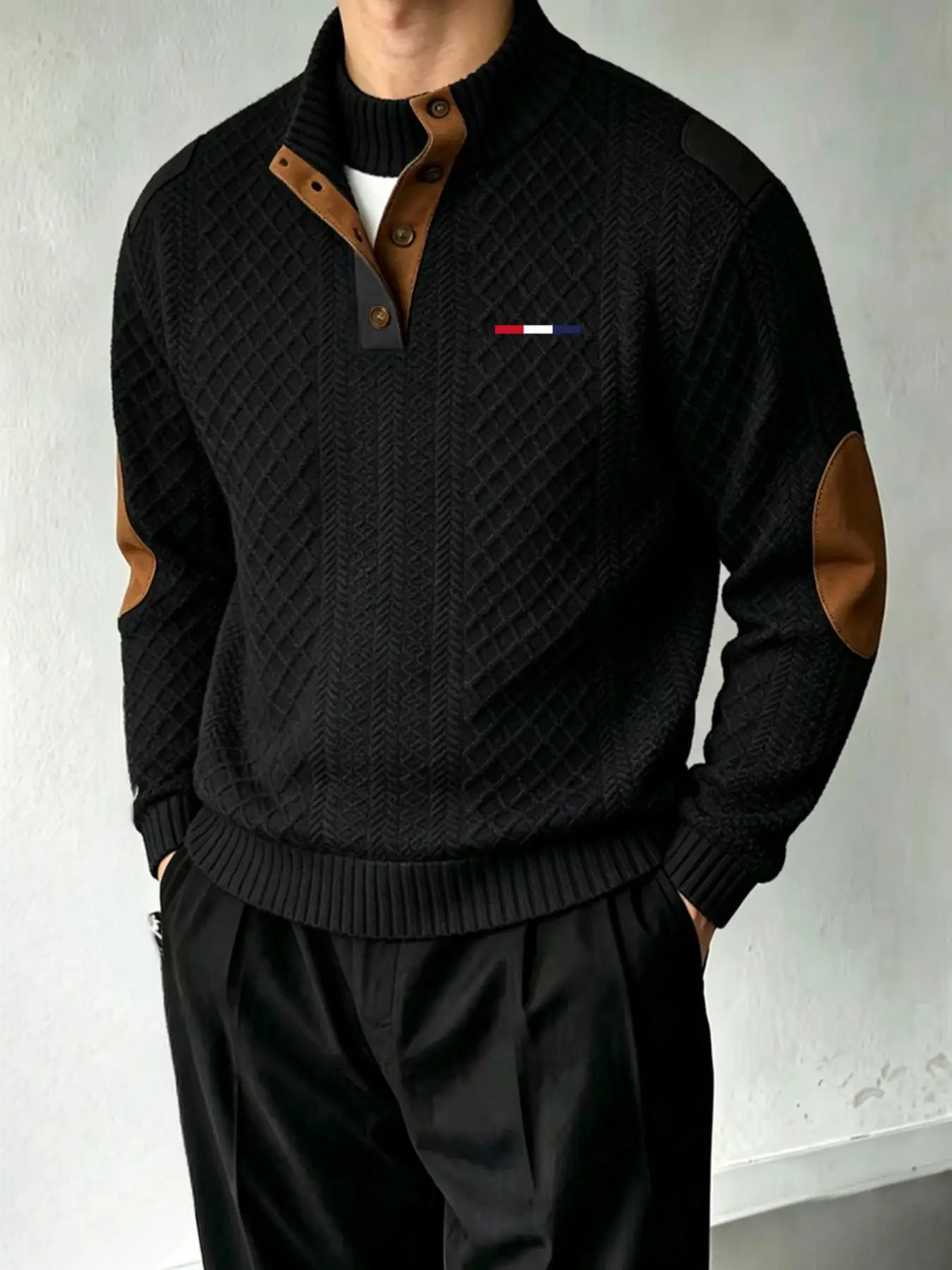 Herren Strickpullover mit Stehkragen, halber Knopfleiste, Ärmelbündchen und strukturierter Oberfläche, Herbst-Winter Freizeitpullover – Detail 3