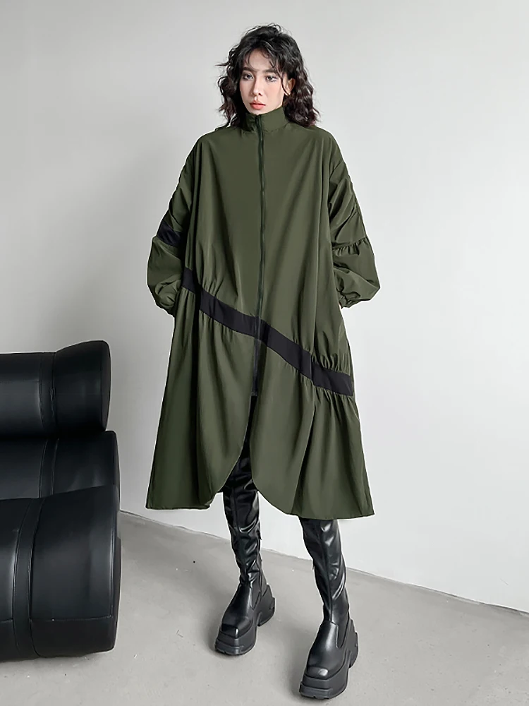 

SuperAen 2024 Autumn/winter New Style Niche Design Color Blocking Stand Up Collar Long Trench Coat