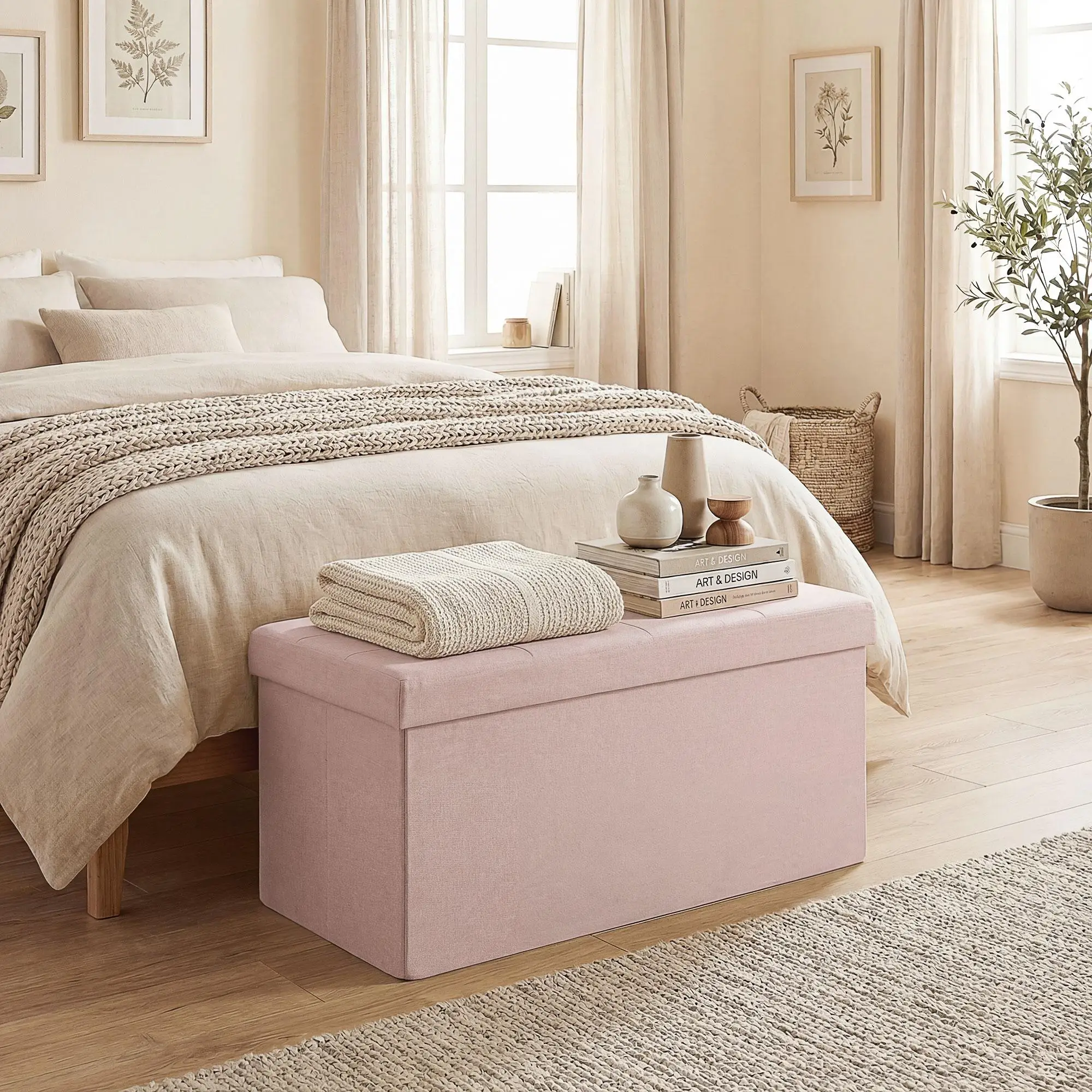 Puff Almacenaje, Banc de rangement Phanded 84 L 76x38x38 cm, revêtement en lin synthétique, coffre de rangement rose