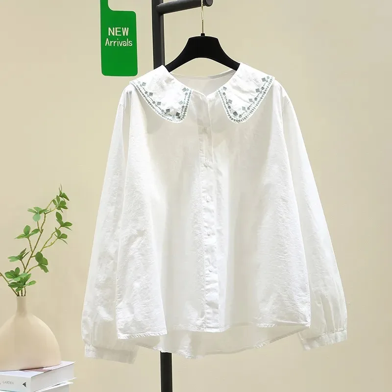 

Women's Embroidered Blouse Peter Pan Collar Long-Sleeve Cotton Top