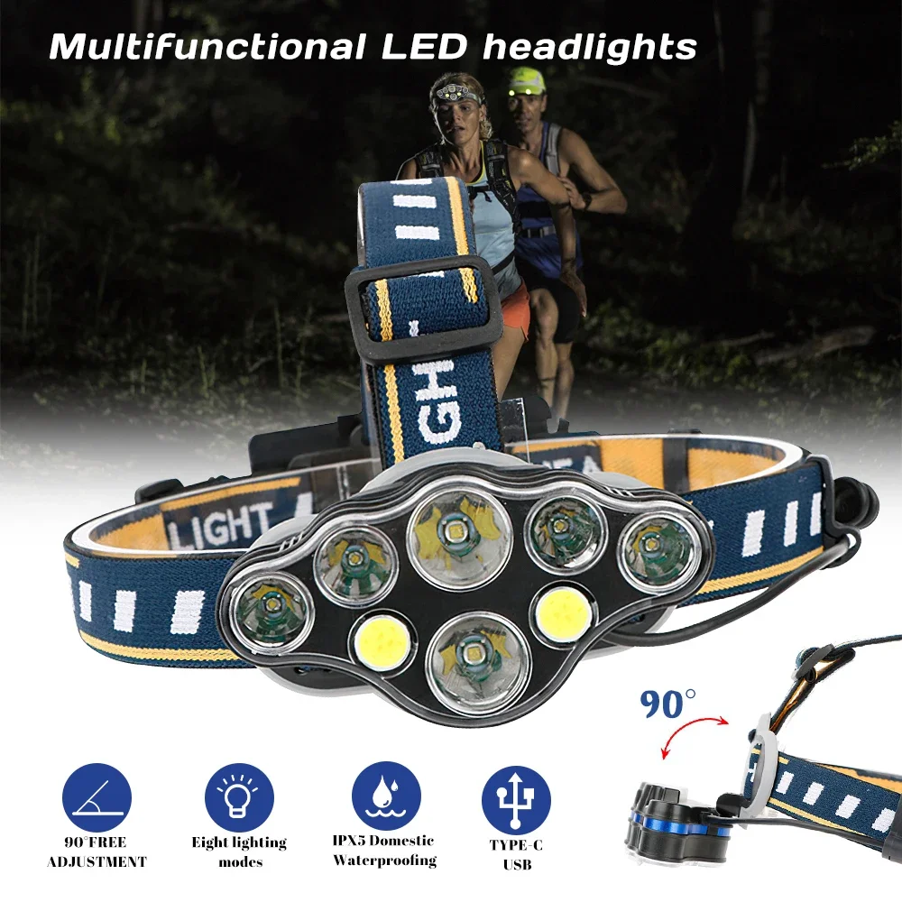 Headlamp USB Rechargeable Headlight  COD 90° Waterproof  Torch 8Mode Camping Fishing Bright Forehead Flashlight