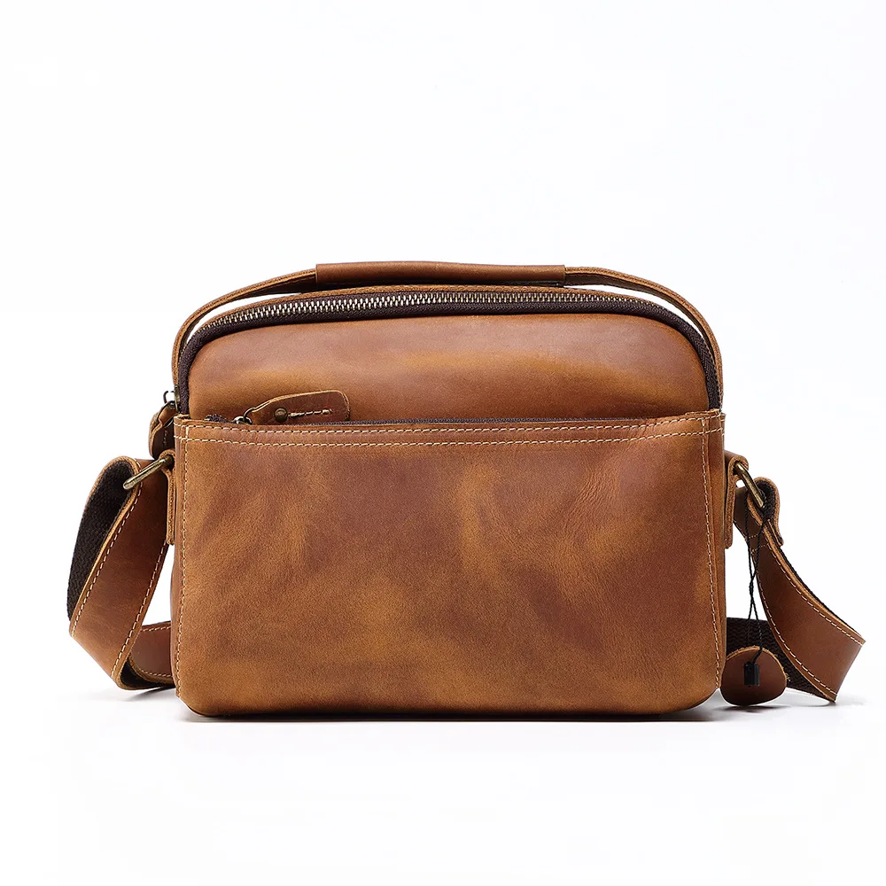 Bolso bandolera Vintage de cuero genuino para hombre, bandolera de cuero de vaca