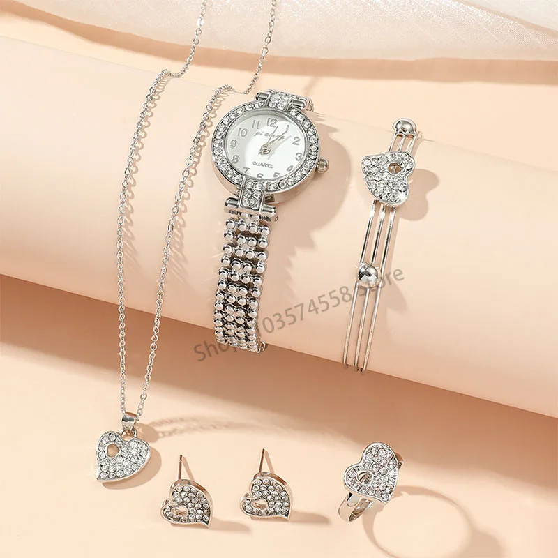 Women's Set Light Luxury Fashion Versatile Diamond Set Steel Band Watch Love Bracelet+Ring+Earrings+Necklace