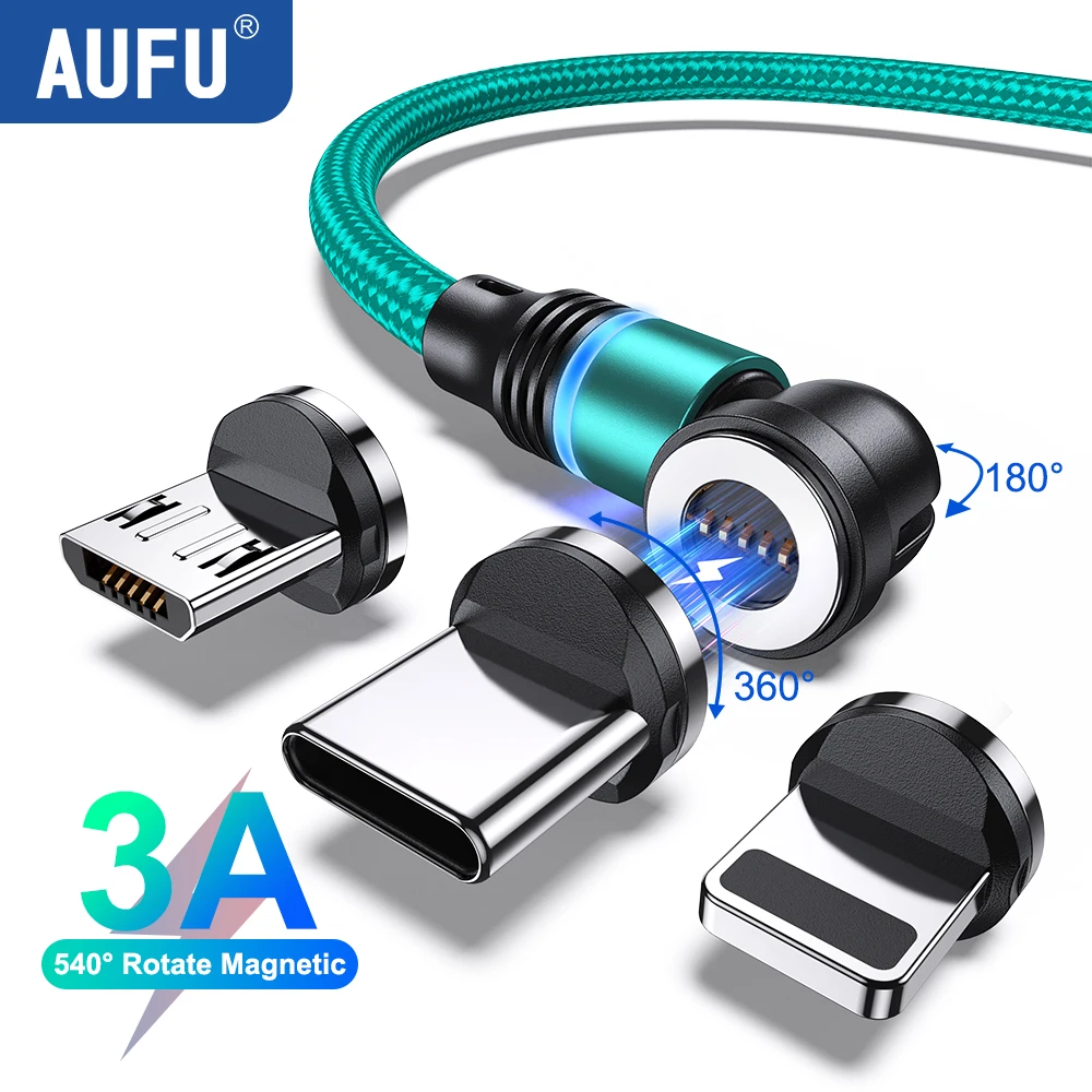 AUFU 540 Rotate Magnetic Cable 3A Fast Charging Type C Cable For Xiaomi Samsung Micro USB Data Cord Magnet Charger For iPhone 14