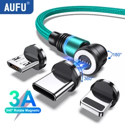 AUFU-Câble Micro USB/Type-C 3A Magnétique Rotatif à 540 °, pour Recharge Rapide et Transfert de Données, Compatible avec Xiaomi, Samsung et iPhone 14