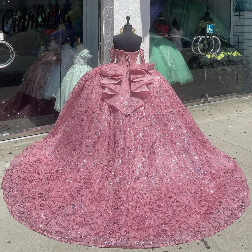 Vestido de baile rosa para quinceañera, vestidos de graduación de manga larga con cordones, vestido de princesa dulce 15 16, vestidos de 15 años