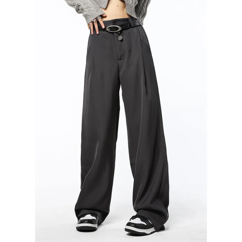 Grey Womens Suit Pants High Waist Vintage Straight Baggy Pants American Streetwear Style Fashion New Loose Wide Leg Trouser