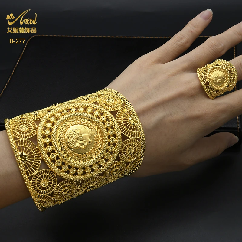 Dubai Gold Color Bangles With Ring For Women Indian Charm Bracelet Jewellery Arabic Wedding Party Banquet Gifts Wholesale