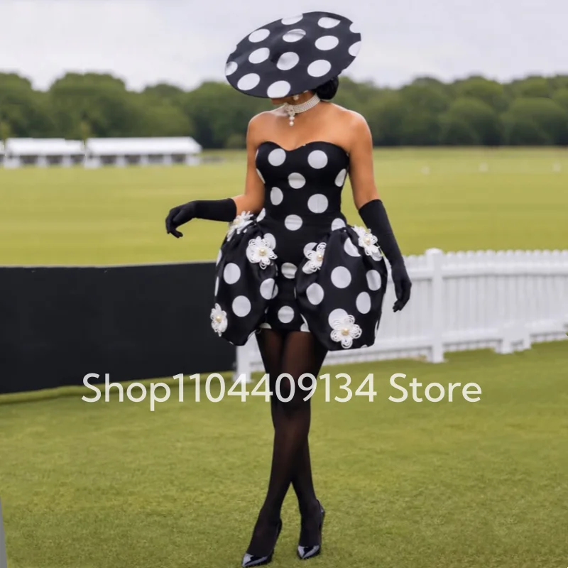Modern Mini Polka Dot Ball Gown Strapless Black Elegant Embroidered Women’s Birthday Dress Charming Evening Dress Customized