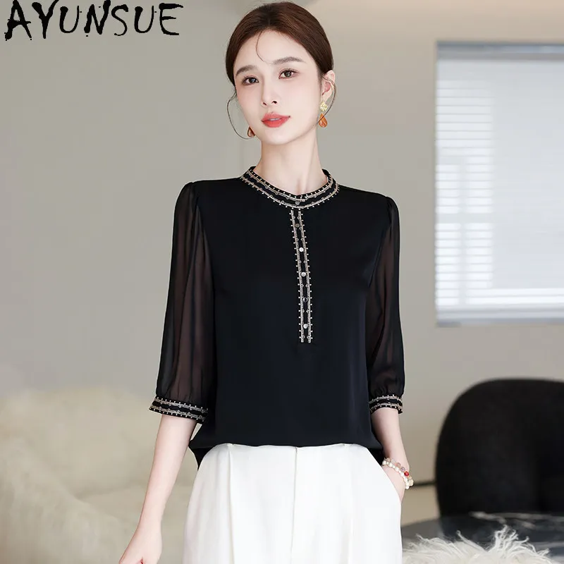 AYUNSUE 91% Real Mulberry Silk Women T Shirts Half Sleeved T-shirts for Women Summer Casual Women Clothing 2026 New Ropa Mujer