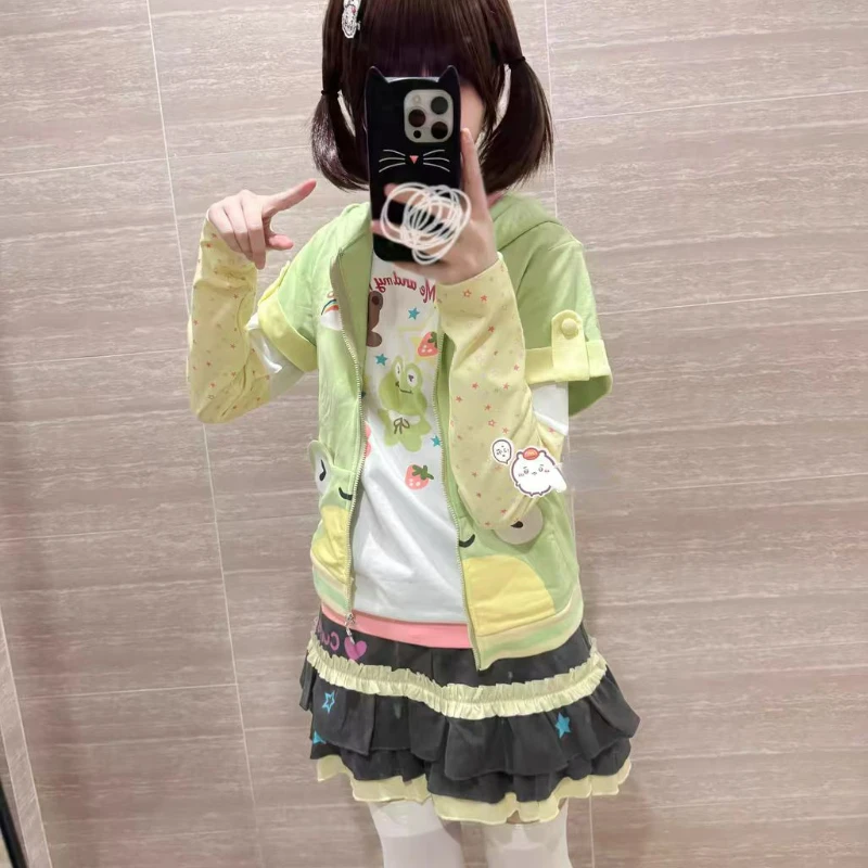 Japanese Style Kawaii Sweet Lolita Hoodiea Women Y2k Harajuku Streetwear Pocket Hooded Coat Cute Cartoon Print Zipper Sweatshirt