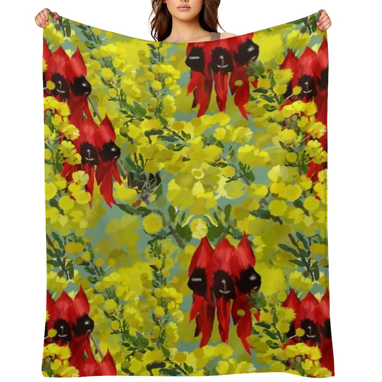 

Wattle-It-Be' Wattle and Sturt Desert Pea Native Flower Seamless Textile Design Throw Blanket Sofa Quilt Thin anime Blankets