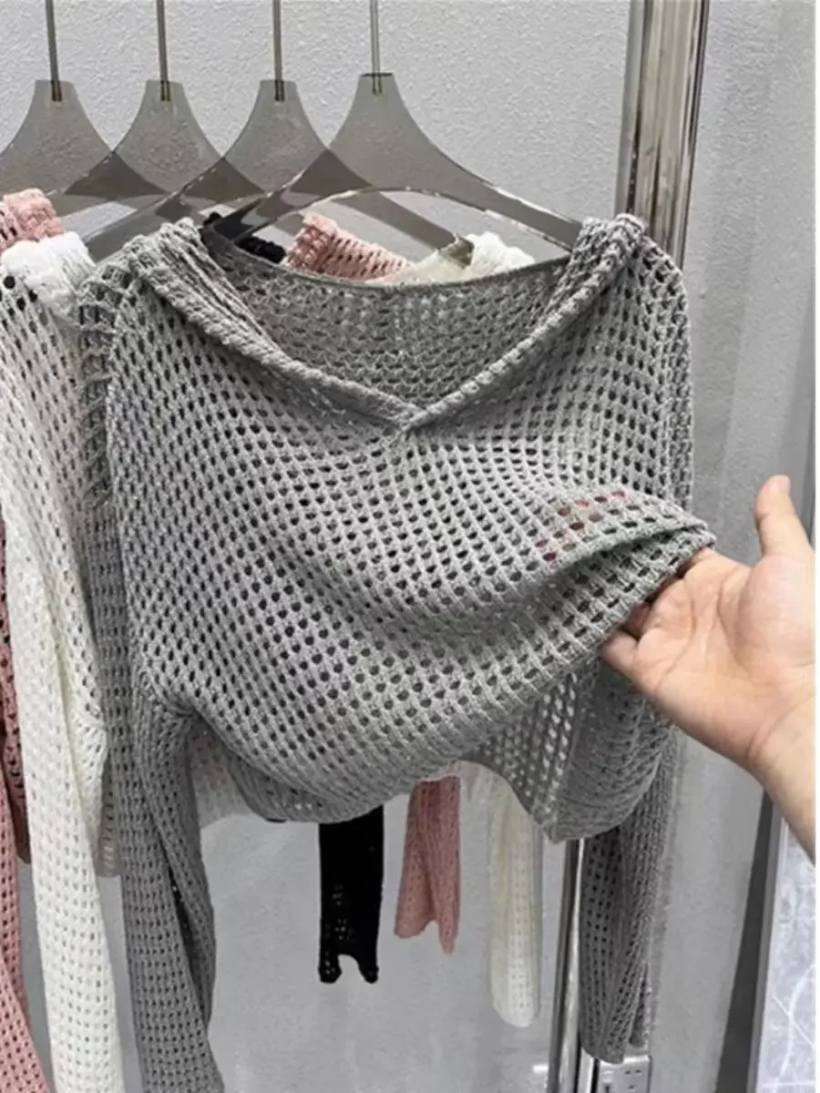 เสื้อสเวตเตอร์ถักลายฉลุมีฮู้ดสำหรับผู้หญิง แขนยาวโปร่งแสง ทรงบ็อกซี่ ครอปท็อป สำหรับวัยรุ่น ฤดูใบไม้ผลิ ฤดูร้อน สไตล์ Y2K
