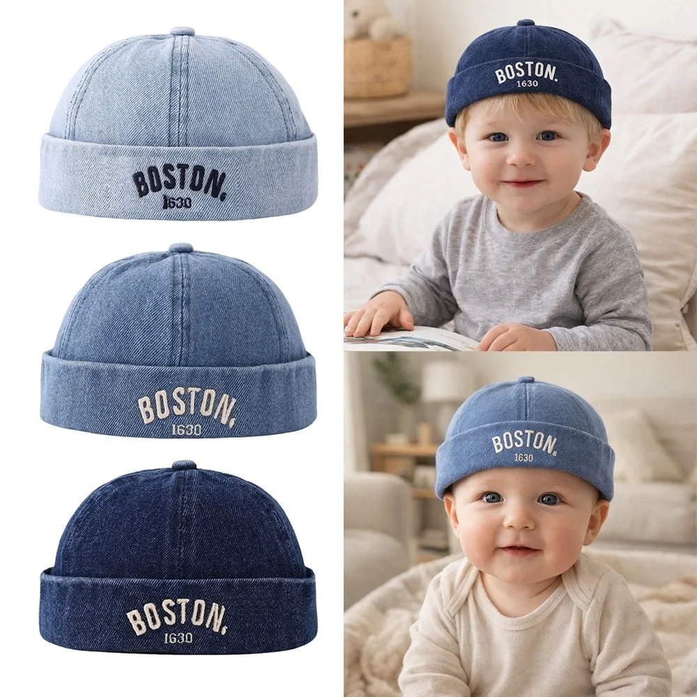 

Letter Embroidered Baby Brimless Hat Cotton Denim Sun Protection Children Melon Beanie Breathable Adjustable Bucket Hat Summer