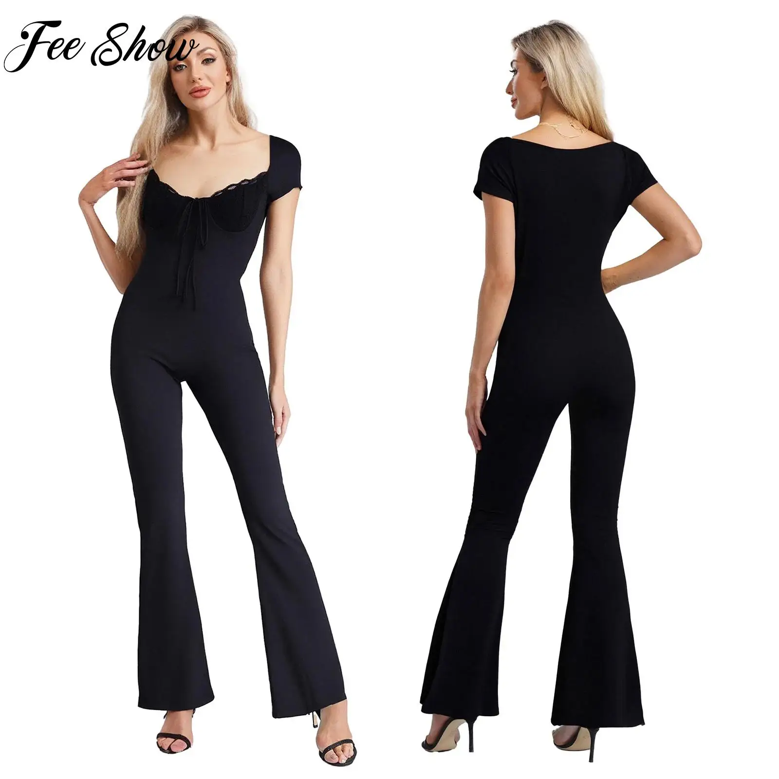 

Women's Yoga Jumpsuit Bowknot Lace Cup Athletic Jumpsuit Low-Cut Short Sleeve Slim-Fit Solid Color Bodysuit Workout Sportswear