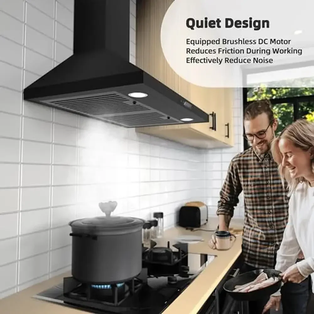 30" Black Convertible Wall Mount Range Hood Brushless Motor 450 CFM 9 Speed Fan Soft Touch Controls Ductless Option Energy