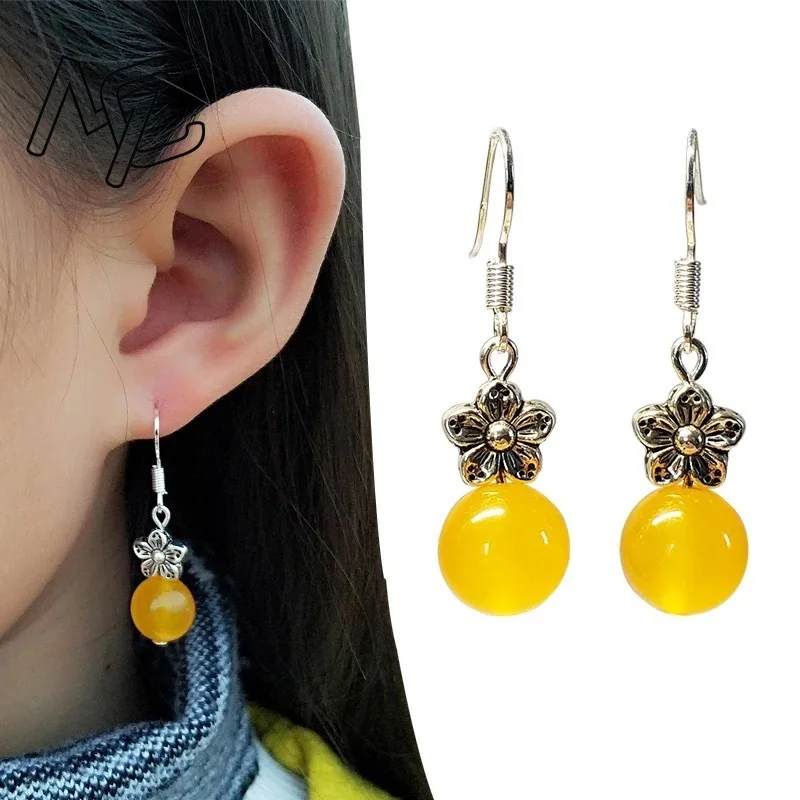 S925 Silver Natural Jade Agate Luck Beads Earrings Charm Jewellery Fashion Accessories DIY Hand-Carved Man Woman Amulet Gifts