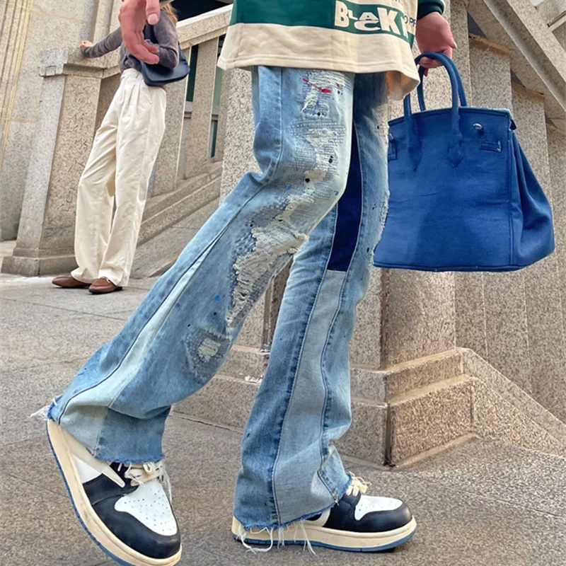 

2022 Kanye West Hole Ripped Straight Baggy Men Flare Jeans Pants Patchwork Distressed Washed Vintage Loose Punk Denim Trousers