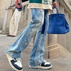 2022 Kanye West Hole Ripped Straight Baggy Men Flare Jeans Pants Patchwork Distressed Washed Vintage Loose Punk Denim Trousers