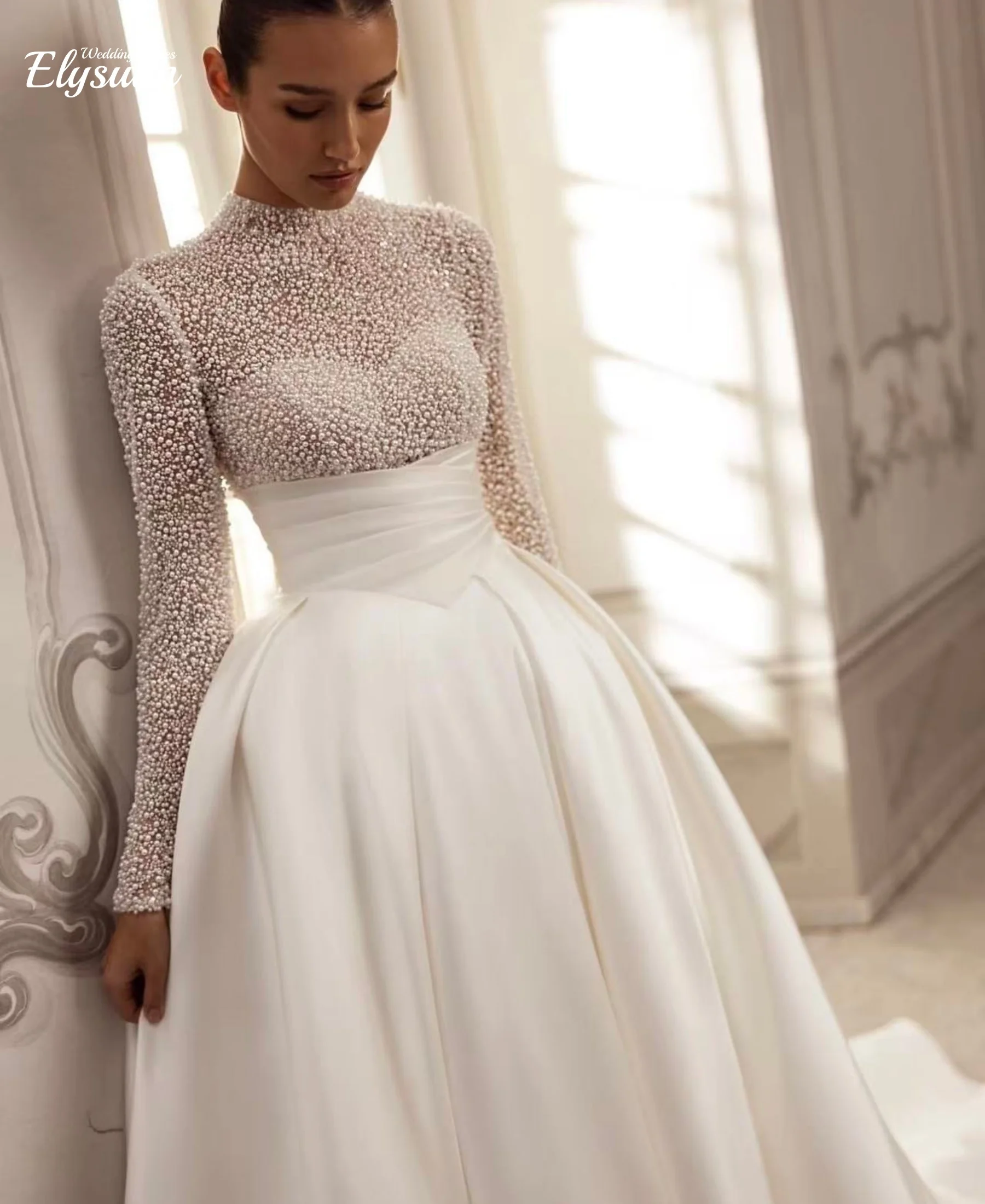 Customized Modern Wedding Dresses with heavy Pearls High Neck Long Sleeves Pleat Waist Sweep Train A Line Satin Bridal Gown