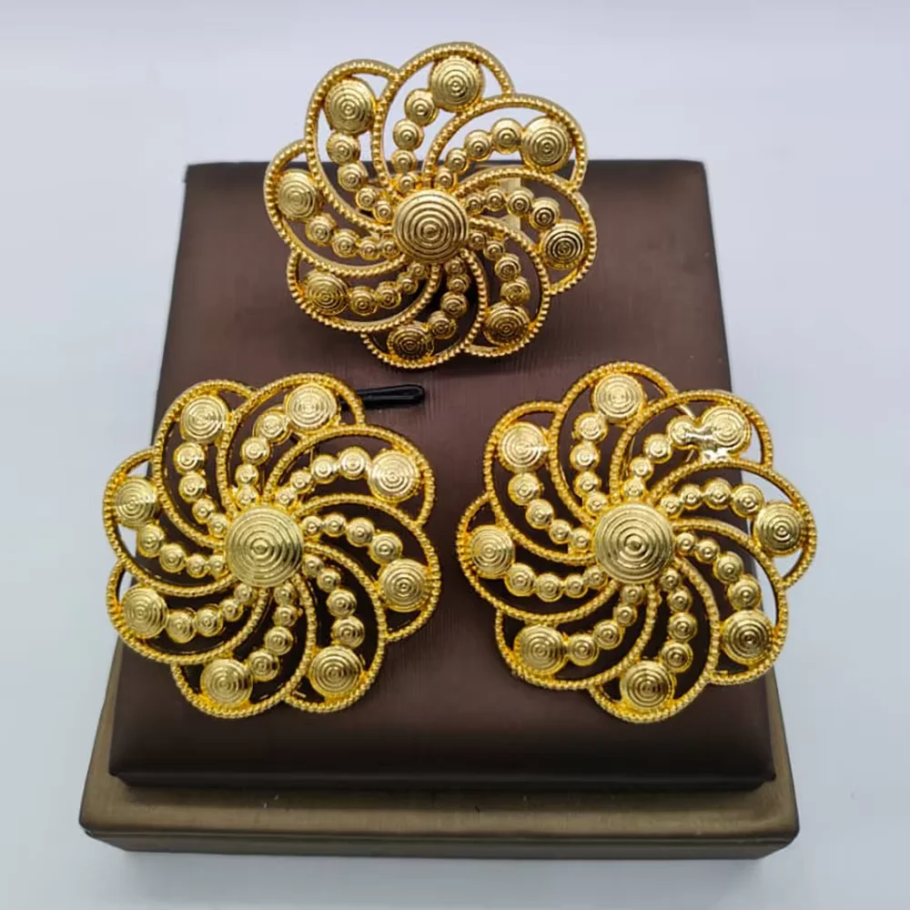 Juego de Pendientes y Anillo de Mujer con Diseño de Flor Espiral en Filigrana, Chapado en Oro de 18K, Joyería Étnica Africana, Regalo para Fiesta o Boda
