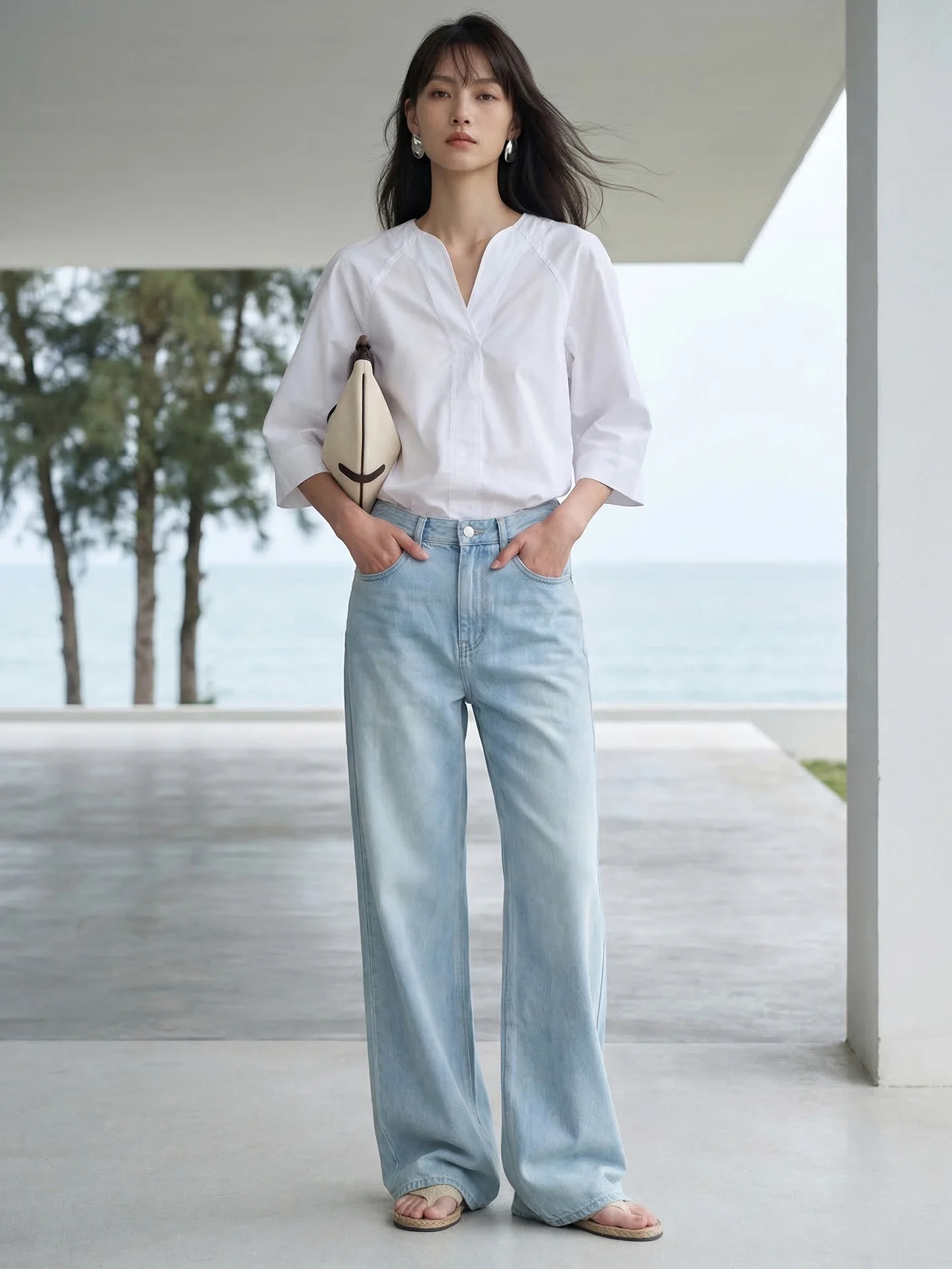 

Washed Denim Jeans Elastic Straight Leg Airy Commuter Style Women's Loose Fit Cotton Stretch Blue Jeans Spring Summer